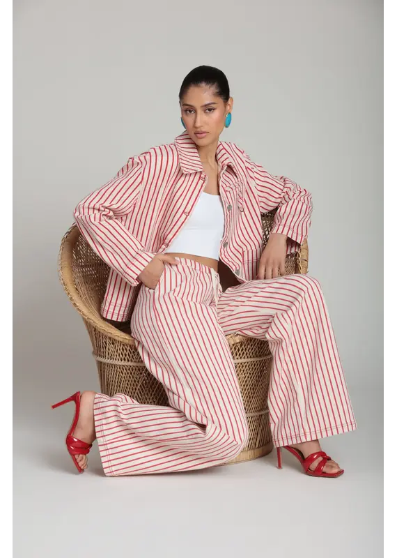 Avec Les Filles Stretch Cotton Red Striped Wide Leg Pants