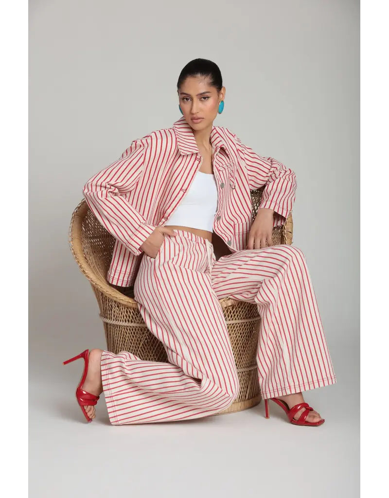 Avec Les Filles Stretch Cotton Red Striped Wide Leg Pants