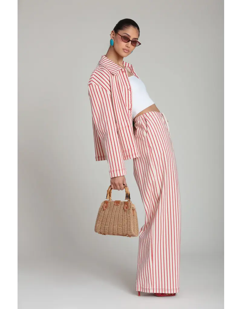 Avec Les Filles Stretch Cotton Red Striped Wide Leg Pants