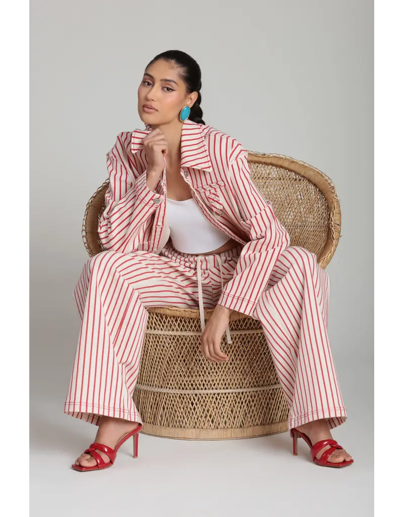 Avec Les Filles Stretch Cotton Red Striped Wide Leg Pants