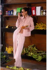 Avec Les Filles Stretch Cotton Red Striped Wide Leg Pants