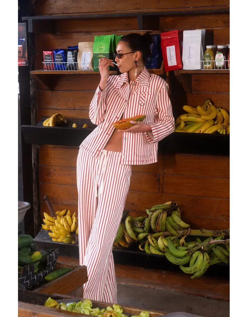 Avec Les Filles Stretch Cotton Red Striped Wide Leg Pants
