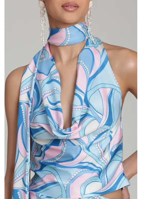 Avec Les Filles Satin Paisley Scarf Tie Halter Top