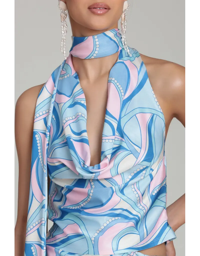 Avec Les Filles Satin Paisley Scarf Tie Halter Top