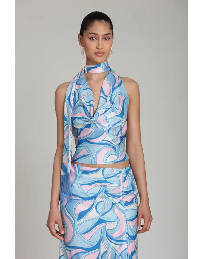 Avec Les Filles Satin Paisley Scarf Tie Halter Top