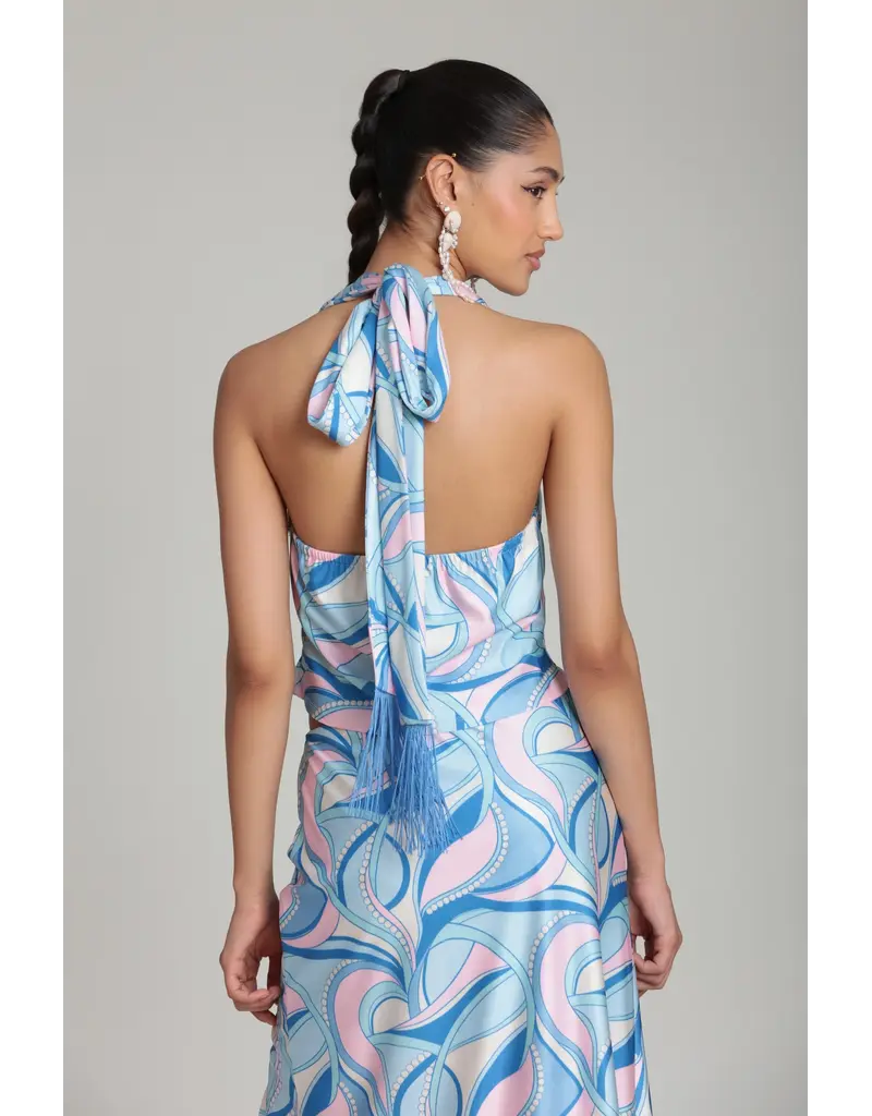 Avec Les Filles Satin Paisley Scarf Tie Halter Top