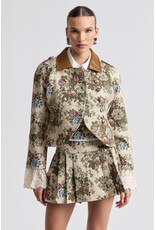 Avec Les Filles Floral Brocade Fitted Blazer with Lace Trim Sleeves
