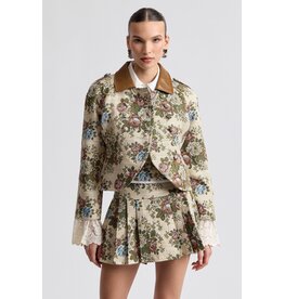 Avec Les Filles Floral Brocade Fitted Blazer with Lace Trim Sleeves