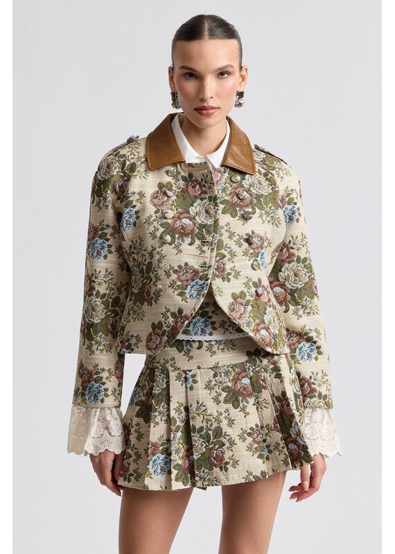 Avec Les Filles Floral Brocade Fitted Blazer with Lace Trim Sleeves