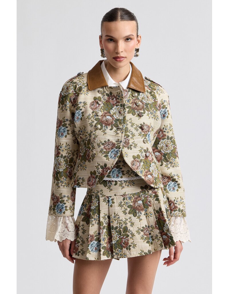 Avec Les Filles Floral Brocade Fitted Blazer with Lace Trim Sleeves
