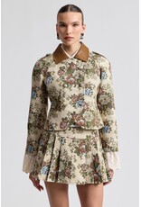 Avec Les Filles Floral Brocade Fitted Blazer with Lace Trim Sleeves