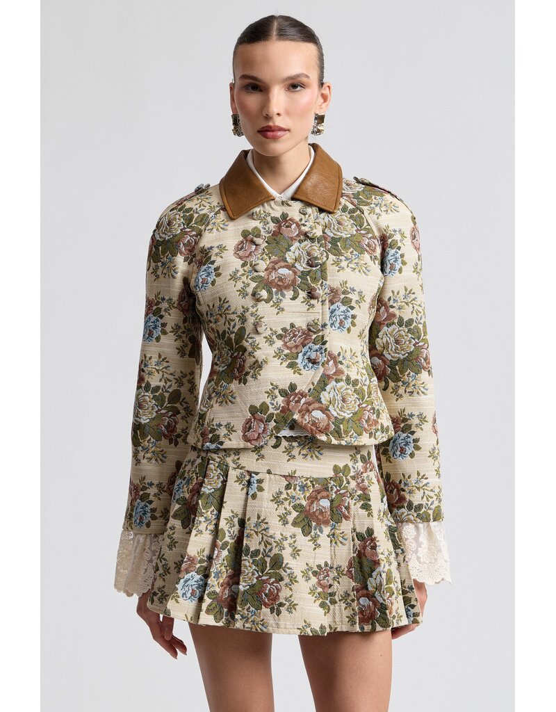 Avec Les Filles Floral Brocade Fitted Blazer with Lace Trim Sleeves