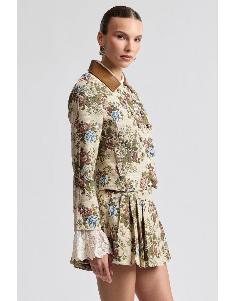 Avec Les Filles Floral Brocade Fitted Blazer with Lace Trim Sleeves