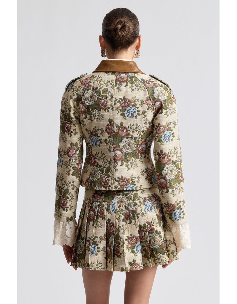 Avec Les Filles Floral Brocade Fitted Blazer with Lace Trim Sleeves