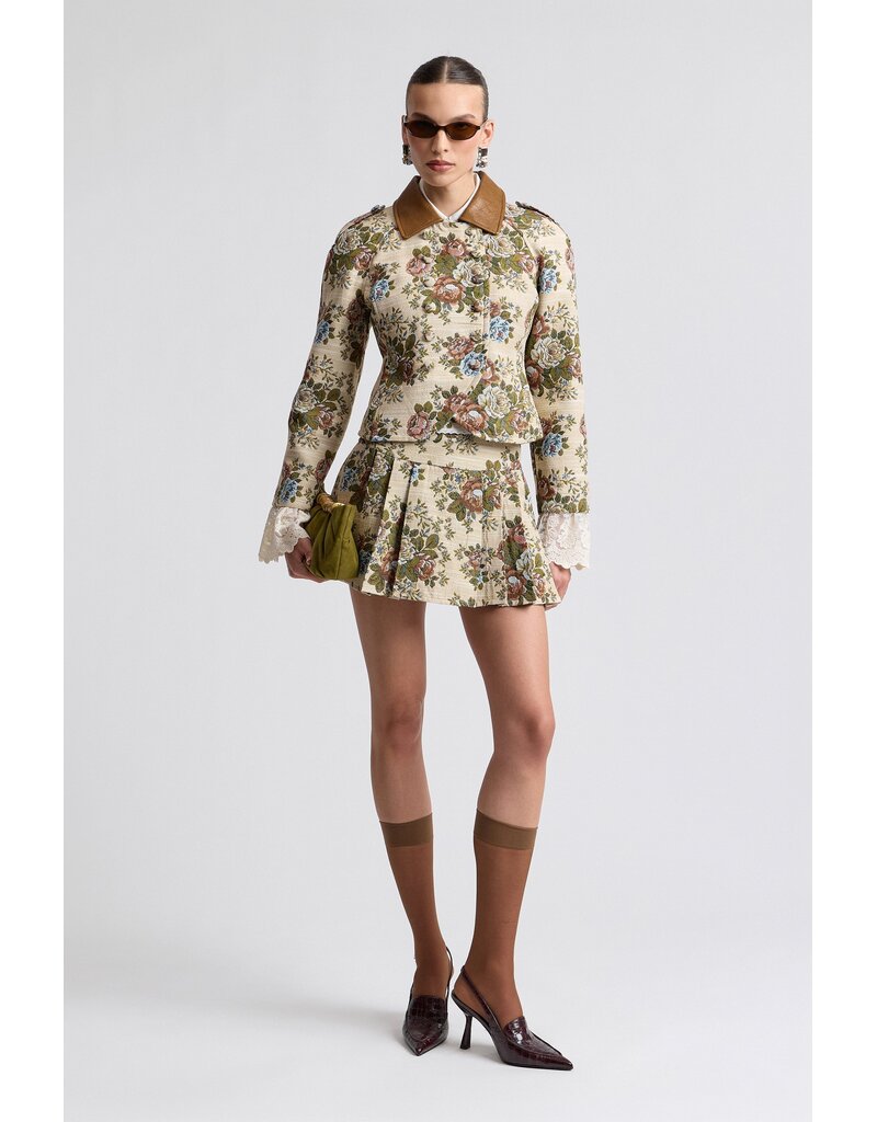 Avec Les Filles Floral Brocade Fitted Blazer with Lace Trim Sleeves