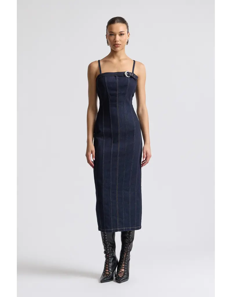 Avec Les Filles Stretch Denim Buckle Midi Dress