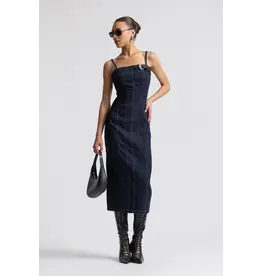 Avec Les Filles Stretch Denim Buckle Midi Dress