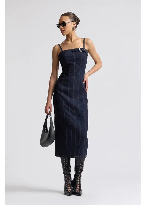 Avec Les Filles Stretch Denim Buckle Midi Dress