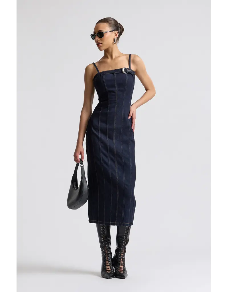 Avec Les Filles Stretch Denim Buckle Midi Dress