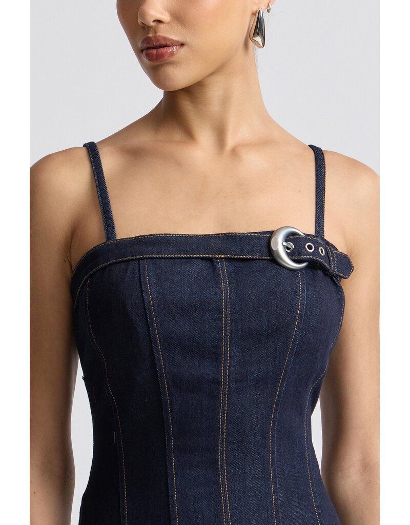 Avec Les Filles Stretch Denim Buckle Midi Dress