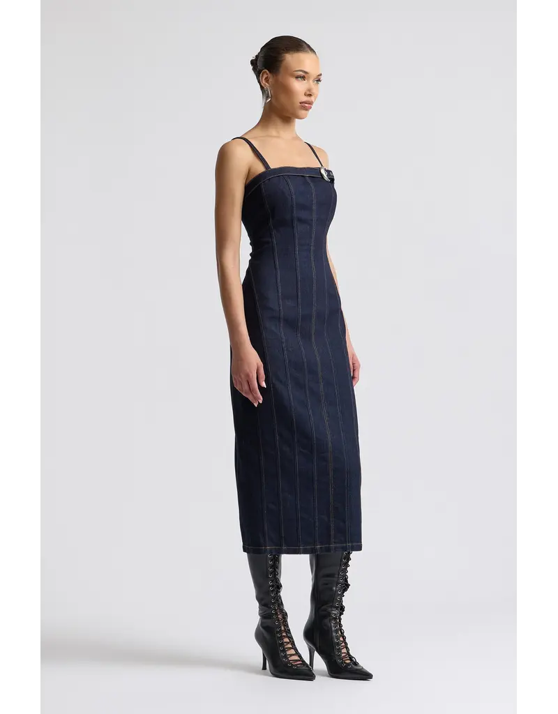 Avec Les Filles Stretch Denim Buckle Midi Dress