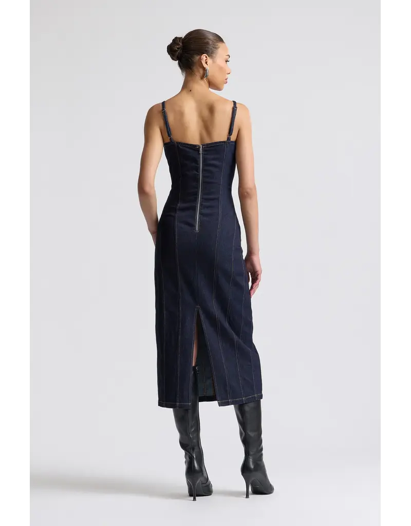Avec Les Filles Stretch Denim Buckle Midi Dress