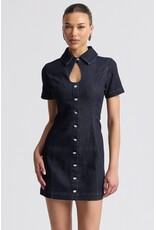Avec Les Filles Stretch Denim Collared Keyhole Mini Dress