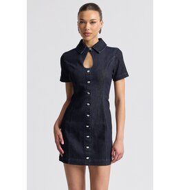 Avec Les Filles Stretch Denim Collared Keyhole Mini Dress