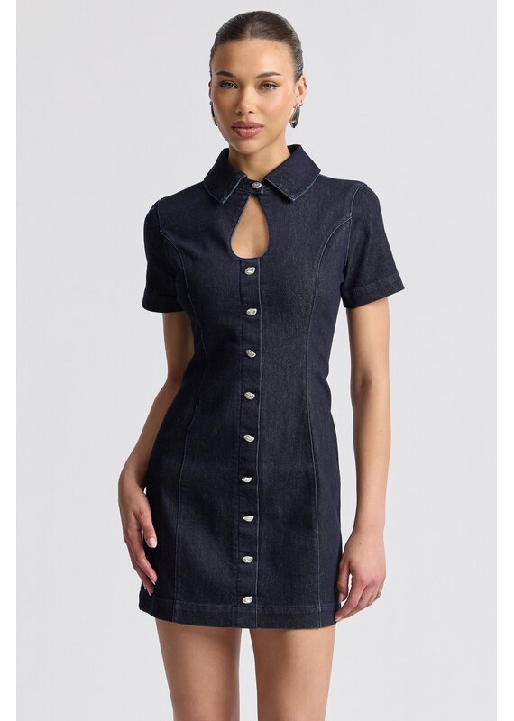 Avec Les Filles Stretch Denim Collared Keyhole Mini Dress