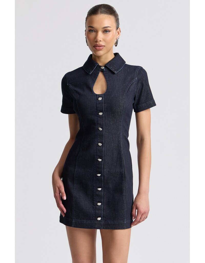 Avec Les Filles Stretch Denim Collared Keyhole Mini Dress