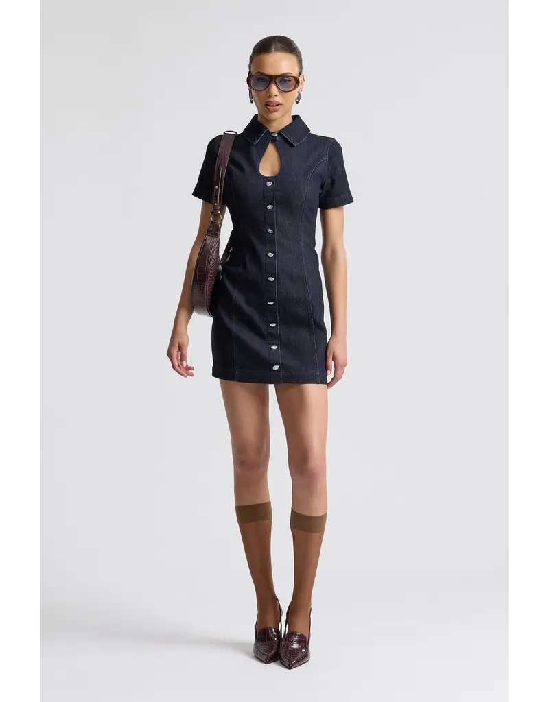 Avec Les Filles Stretch Denim Collared Keyhole Mini Dress