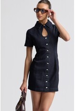 Avec Les Filles Stretch Denim Collared Keyhole Mini Dress