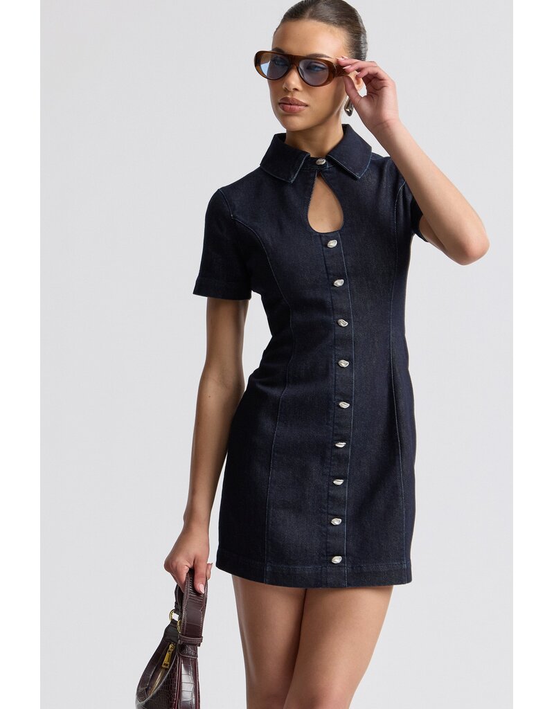 Avec Les Filles Stretch Denim Collared Keyhole Mini Dress