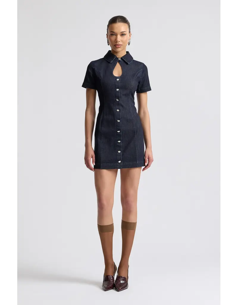 Avec Les Filles Stretch Denim Collared Keyhole Mini Dress