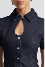 Avec Les Filles Stretch Denim Collared Keyhole Mini Dress