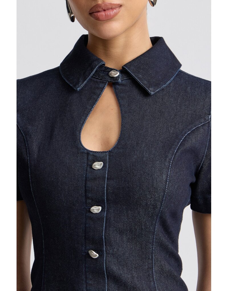 Avec Les Filles Stretch Denim Collared Keyhole Mini Dress
