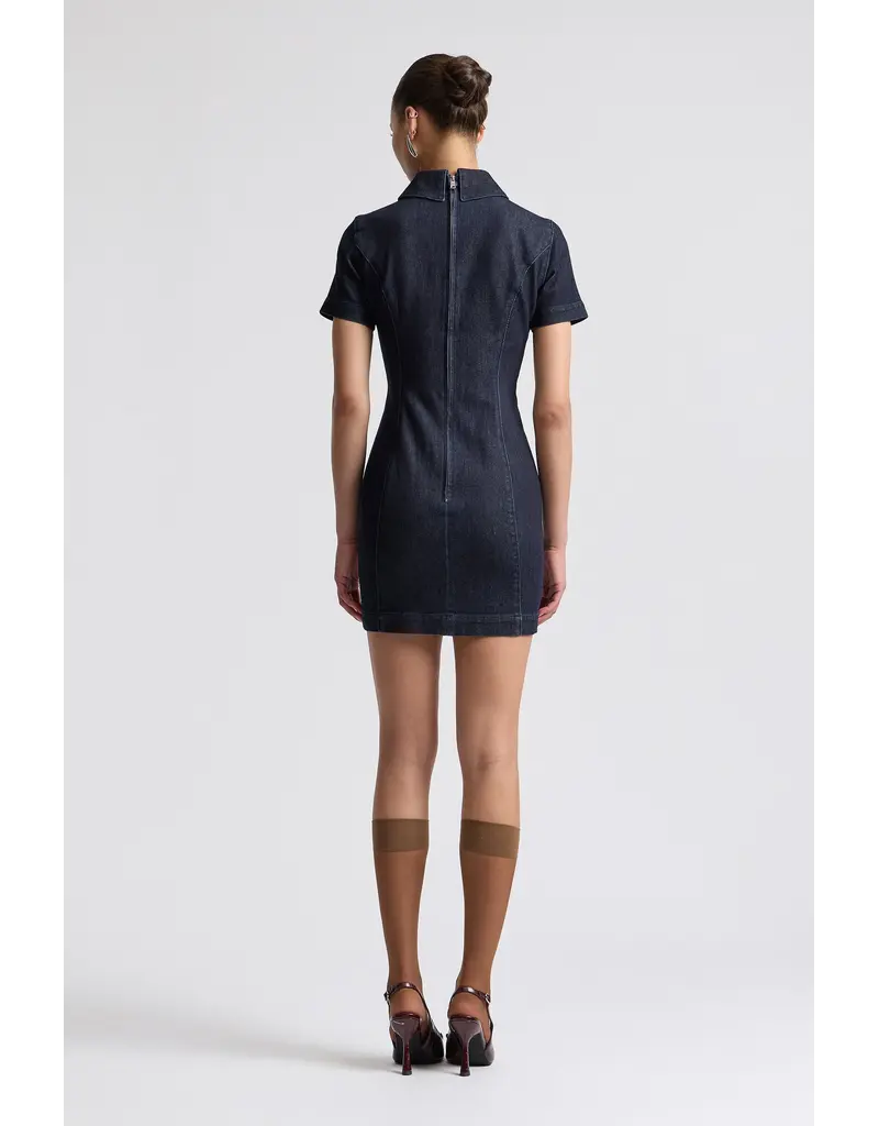 Avec Les Filles Stretch Denim Collared Keyhole Mini Dress