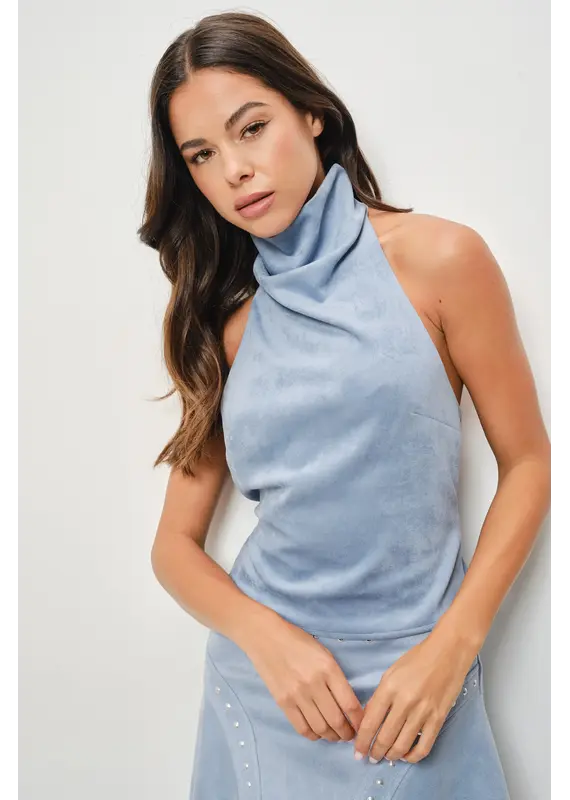 Pretty Garbage Bailey Suede Cowl Neck Halter Top