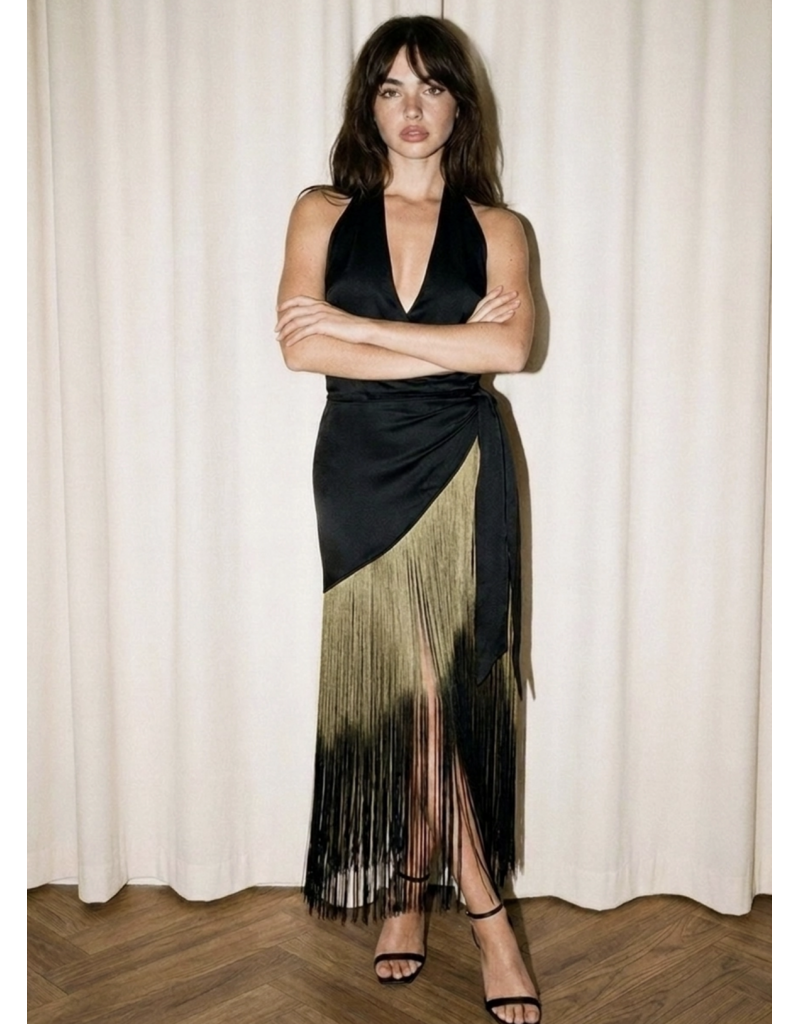 Skylar Rose Satin Ombre Fringe Halter Wrap Dress