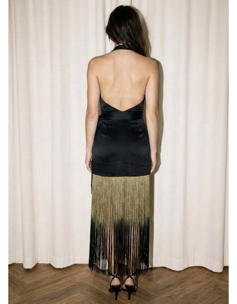 Skylar Rose Satin Ombre Fringe Halter Wrap Dress