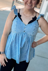 509 Broadway Washed Chambray Flutter Sleeve Top