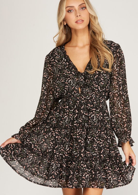 509 Broadway 3/4 Sleeve Tie Front Ruffle Dress