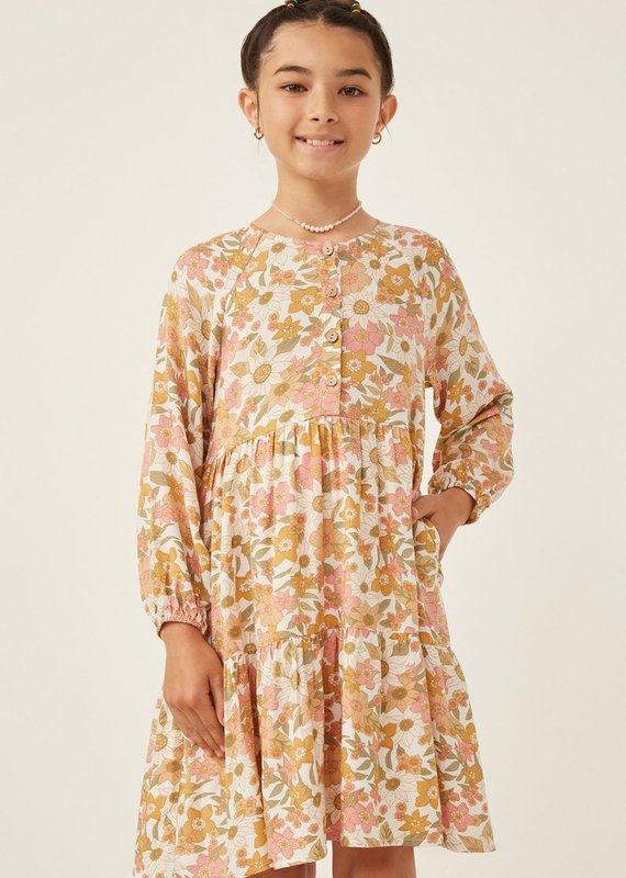 509 Broadway Girls Floral Sketch Print Button Detailed Dress