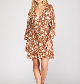 509 Broadway Long Floral Print Pleated Dress