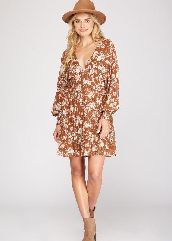 509 Broadway Long Floral Print Pleated Dress