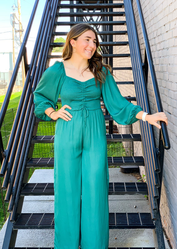 509 Broadway L/S Woven Satin Ruched Jumpsuit