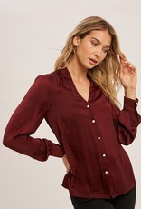 509 Broadway Satin Button V-Neck Blouse