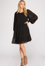 509 Broadway Pleated L/S Chiffon Tiered Dress