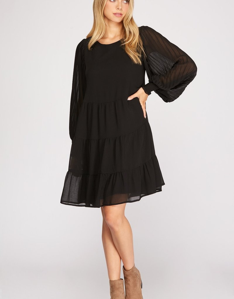 509 Broadway Pleated L/S Chiffon Tiered Dress