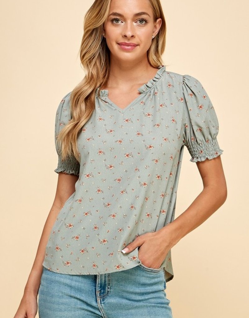 509 Broadway Ruffled V-Neck Floral Printed Top